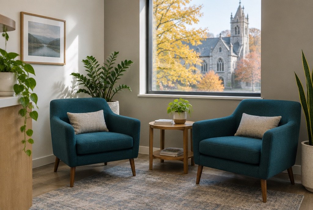 Bright waiting room with teal armchairs and an autumn view