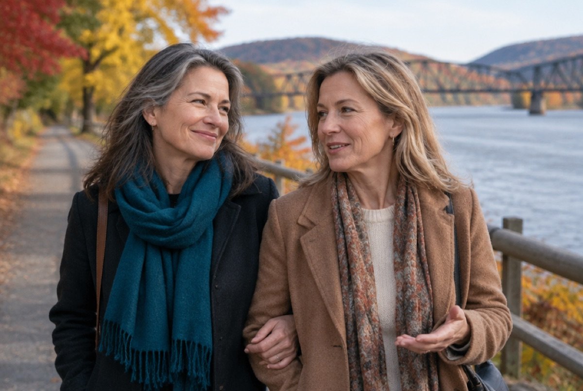Two friends walking arm in arm on a riverside trail in autumn