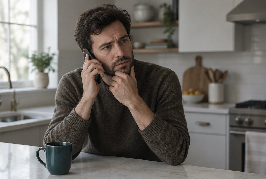 Man calling the dentist about tooth pain from his kitchen