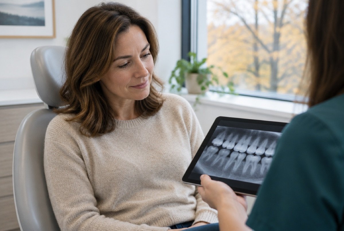 Patient looking at her dental X-ray on a tablet during a checkup