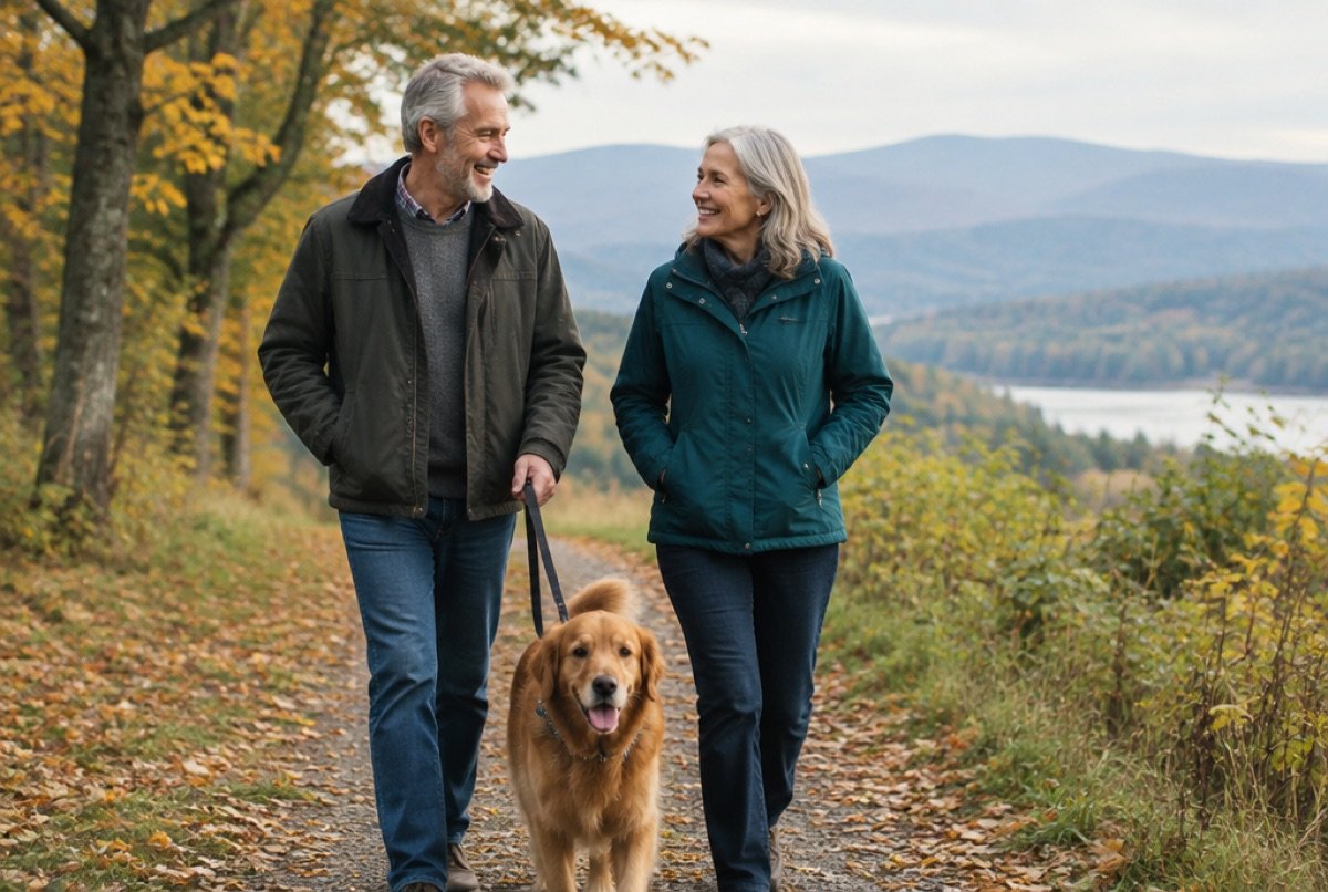 Couple walking their dog on an autumn trail in the Hudson Valley