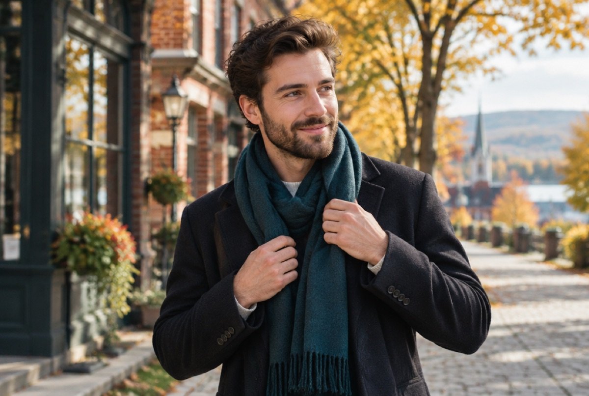 Man smiling on a sunny autumn street in an upstate New York town