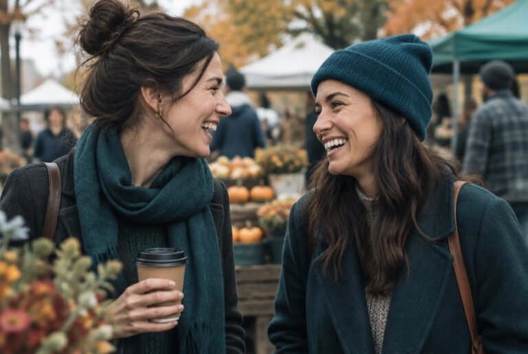 Two friends talking and laughing at an autumn farmers market