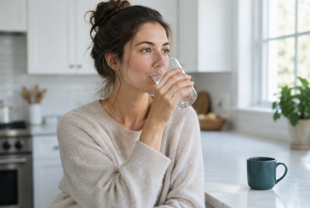 Woman drinking a glass of water in a bright kitchen