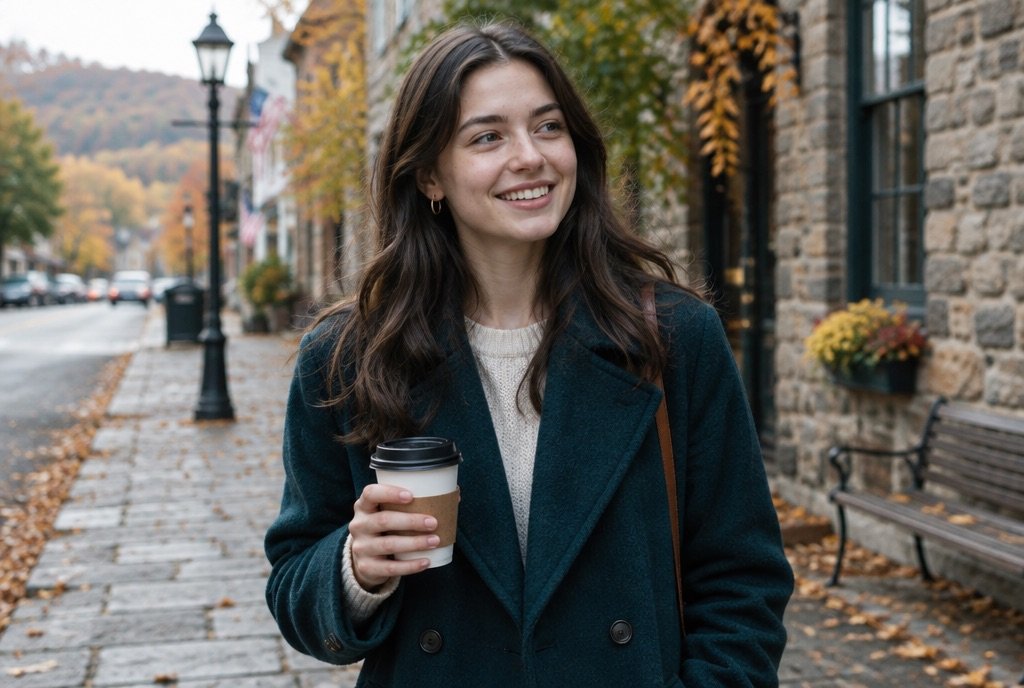 Young woman smiling on a stone street in autumn