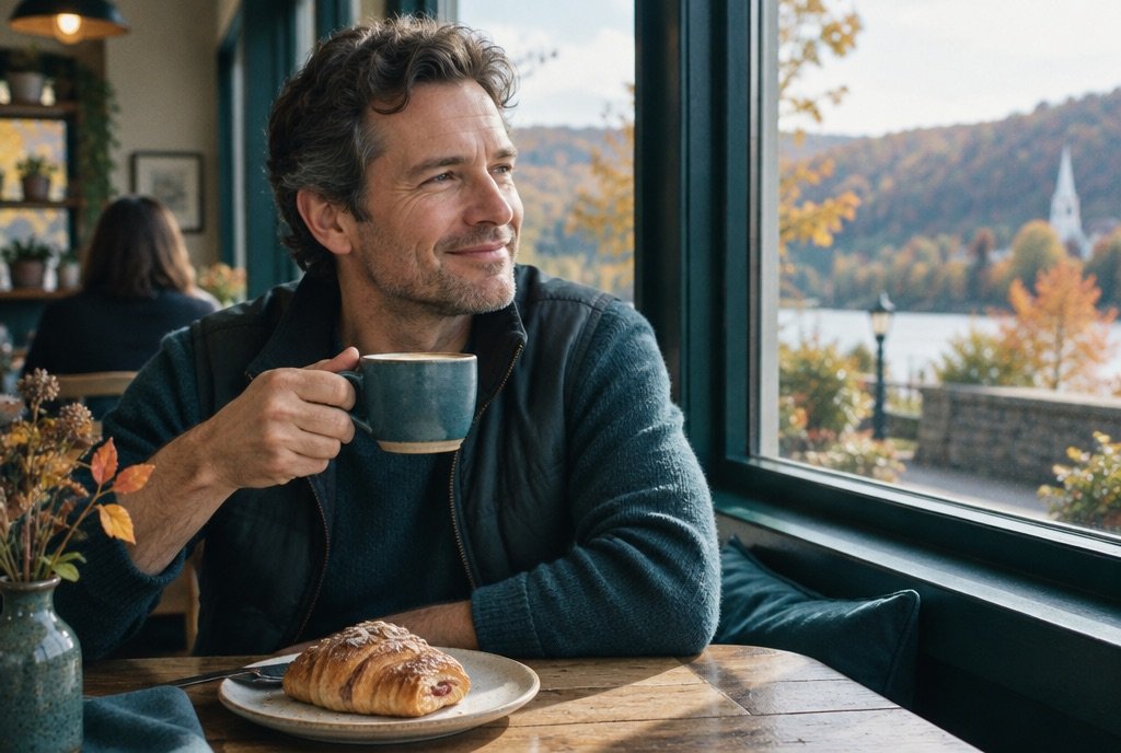 Man enjoying coffee and a pastry at a café window in autumn
