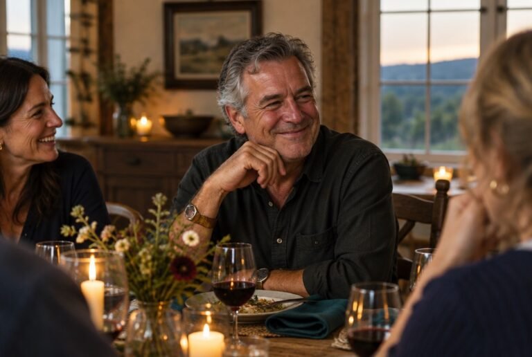 Man laughing at a dinner table with friends