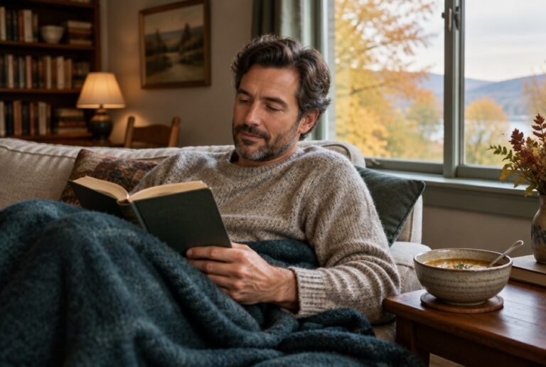 Man resting on the sofa with a book and a bowl of soup