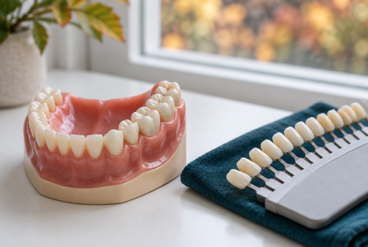 Dental model beside a shade guide used to match a tooth-colored filling