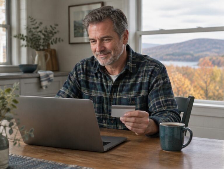 Man checking his dental benefits on a laptop at his kitchen table