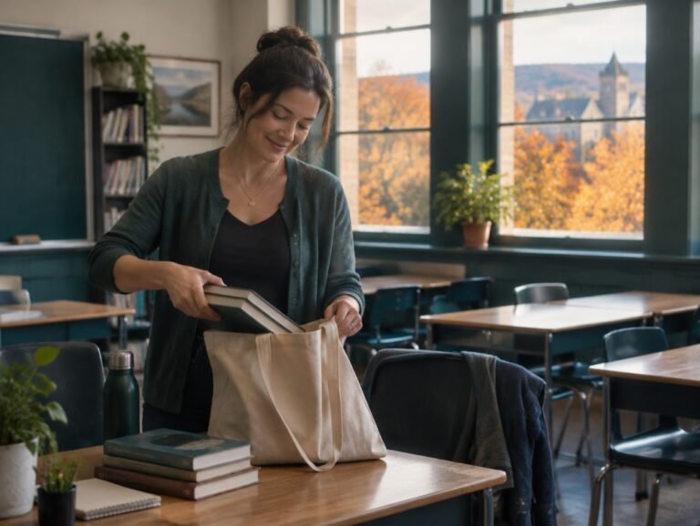 Teacher packing up in an empty classroom on an autumn afternoon