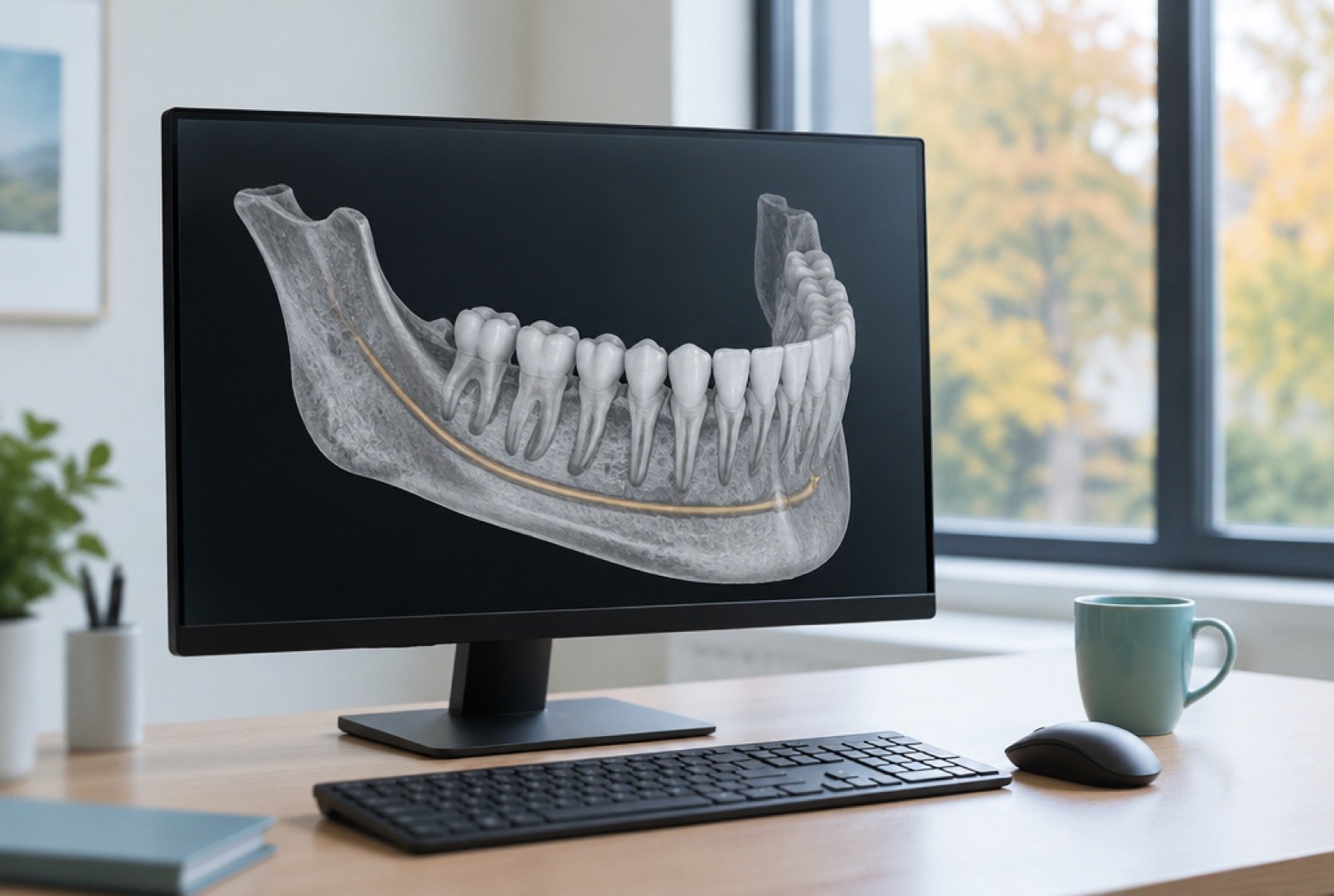 Screen showing a 3D model of the lower jawbone with tooth roots and the nerve canal