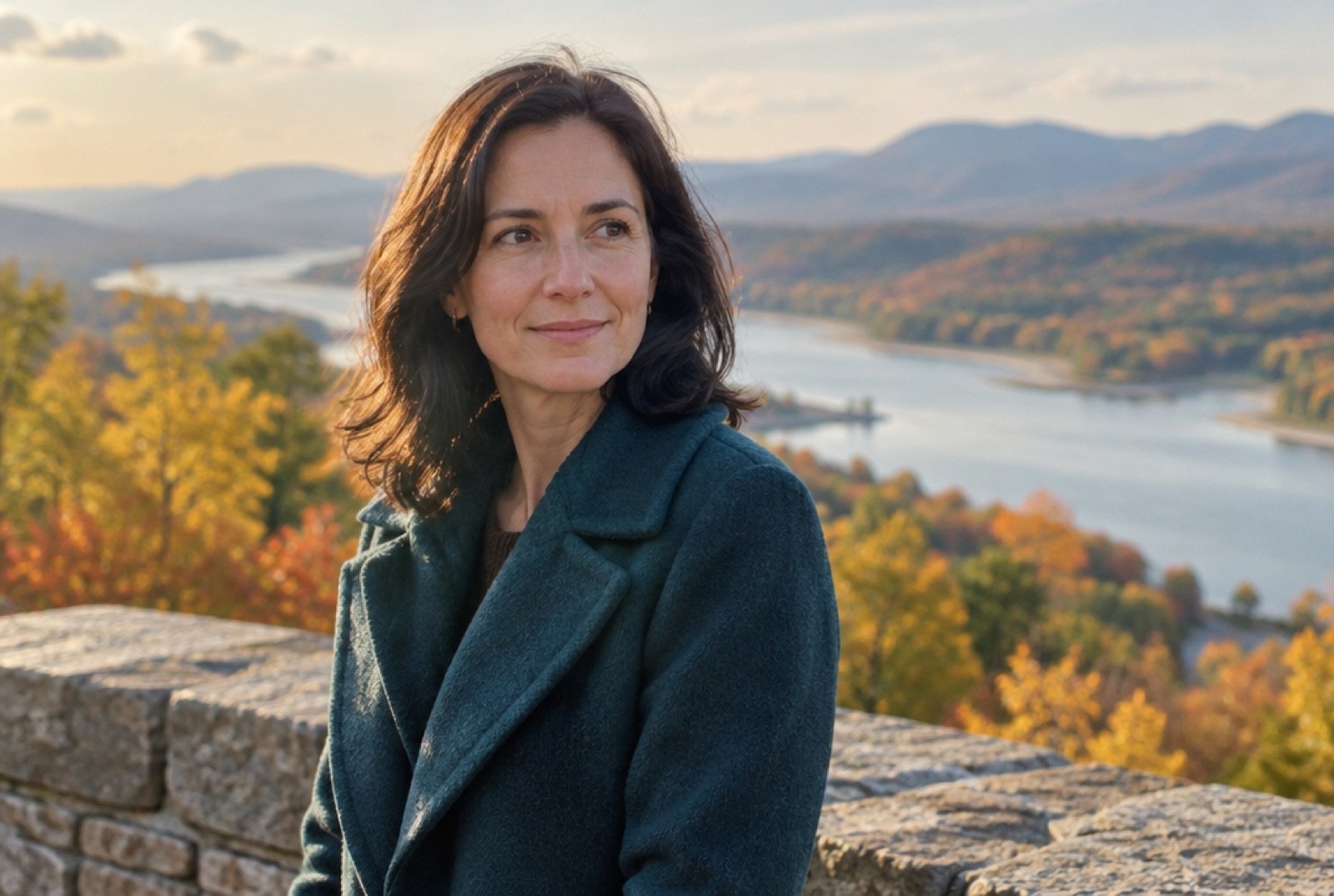 Woman smiling at a Hudson River overlook in autumn