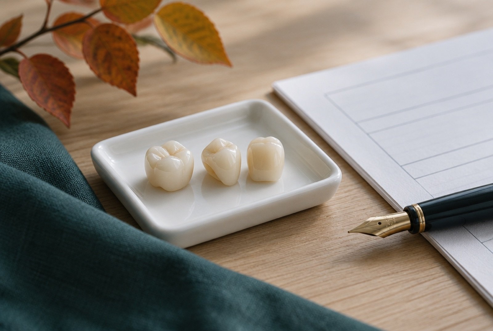 Three tooth-coloured ceramic dental crowns on a white tray beside an insurance form