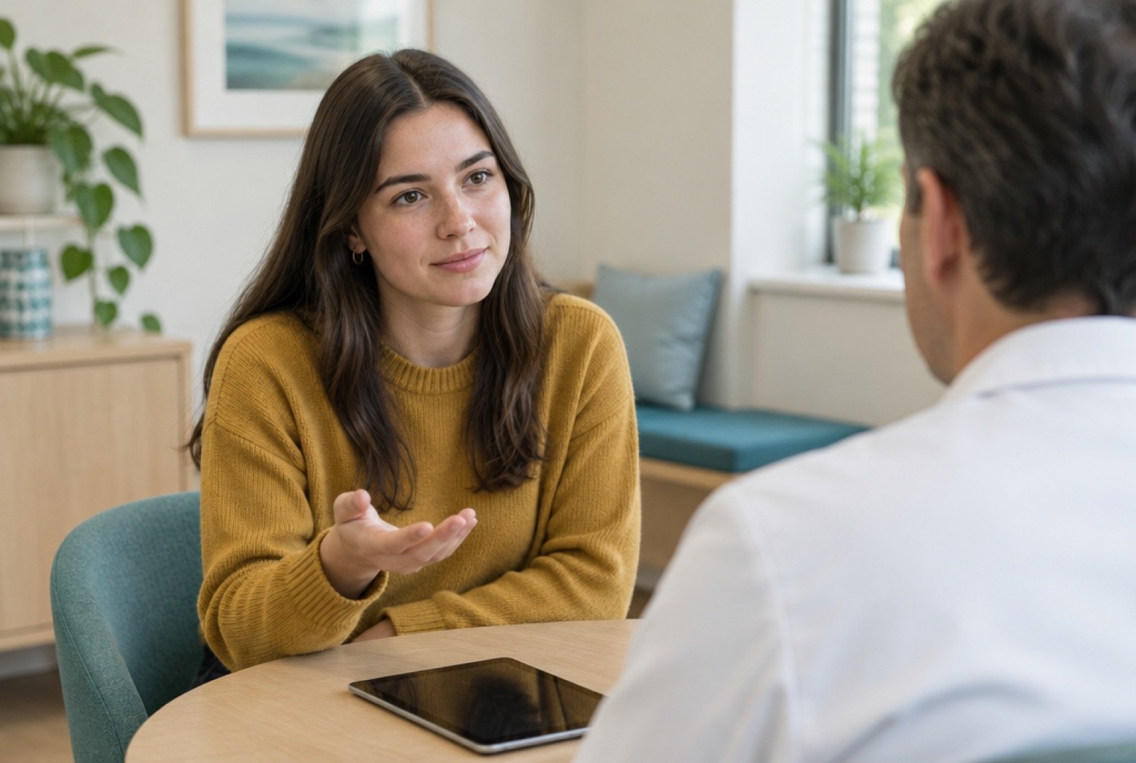 Young woman asking the dentist a question at a consultation table