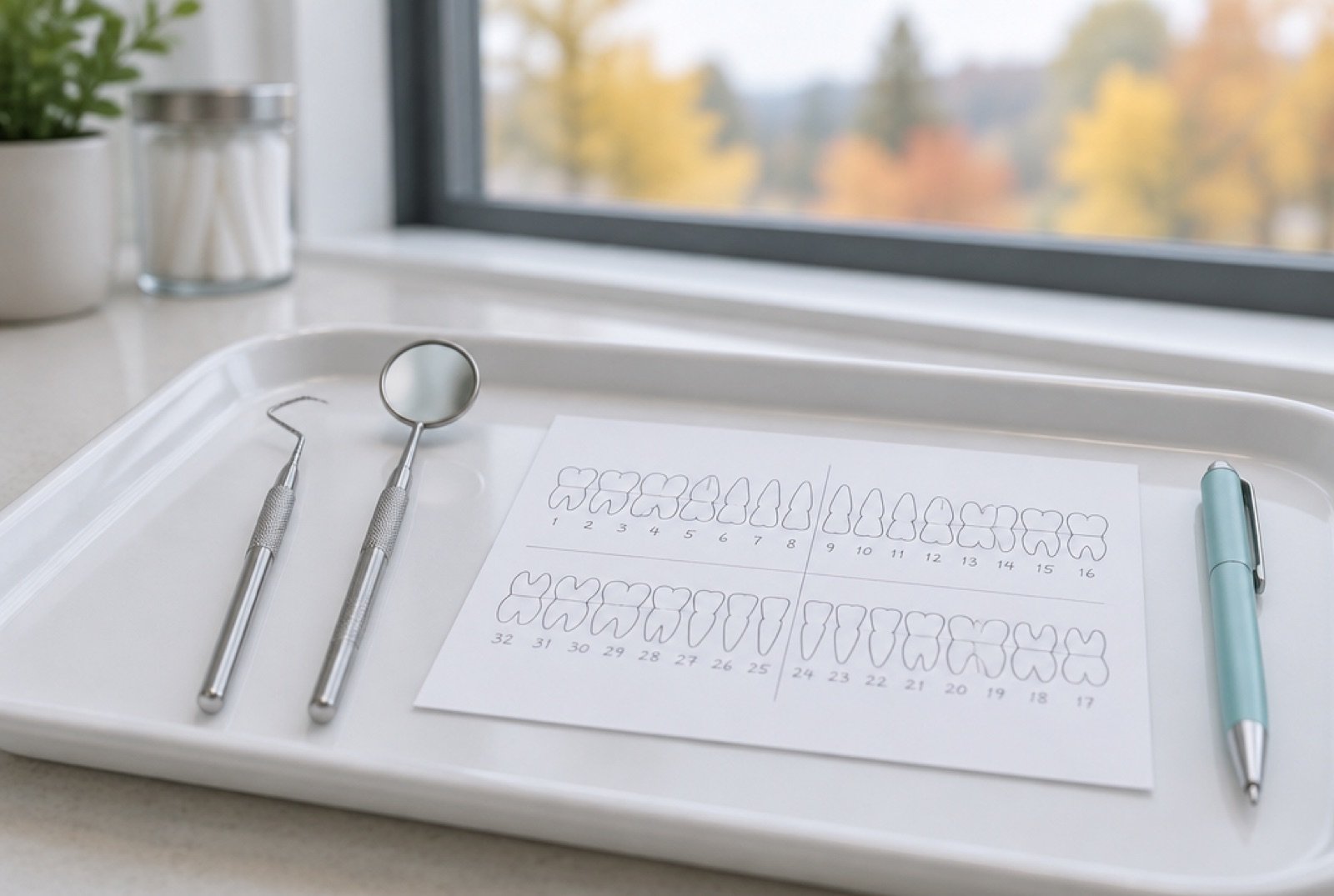 Dental explorer and mirror on a tray beside a printed tooth chart
