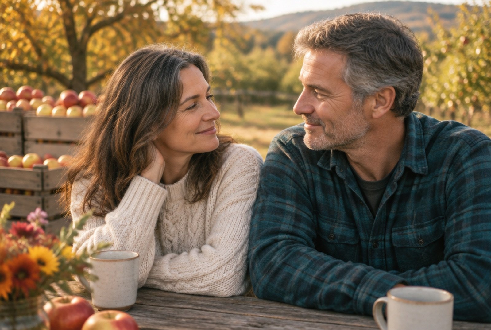 Couple smiling at each other at an autumn orchard table