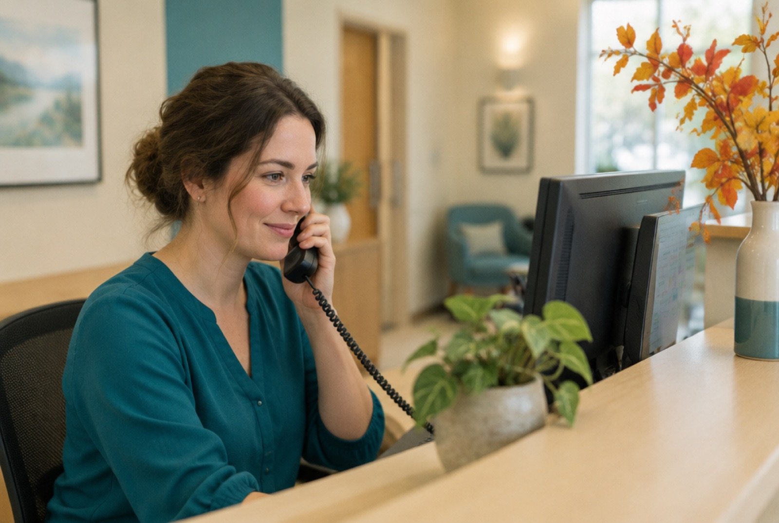 Dental receptionist booking an appointment over the phone