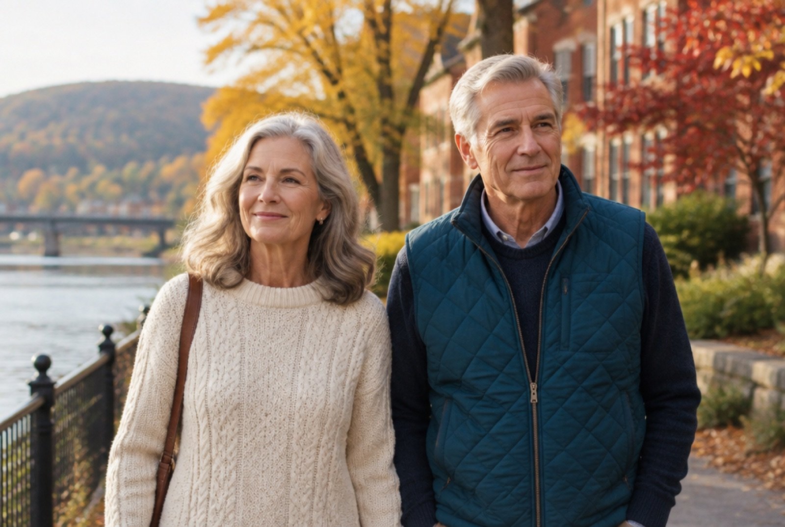 Couple in their sixties walking along a riverside path in a Hudson Valley town in autumn