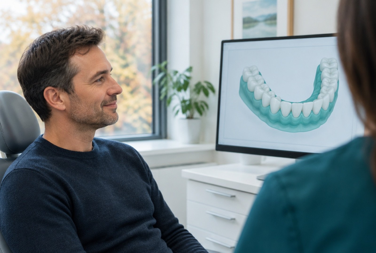 Patient looking at a 3D digital model of his teeth on a monitor