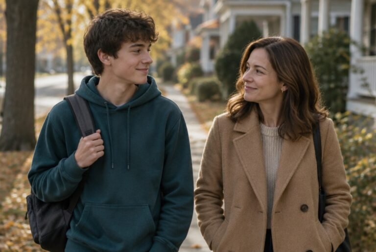 Teenage boy walking home with his mother on a leafy autumn street