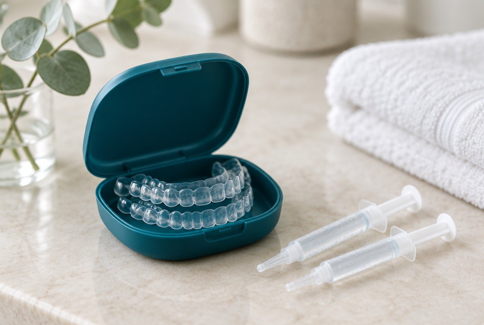 Custom whitening trays in a case beside two whitening gel syringes