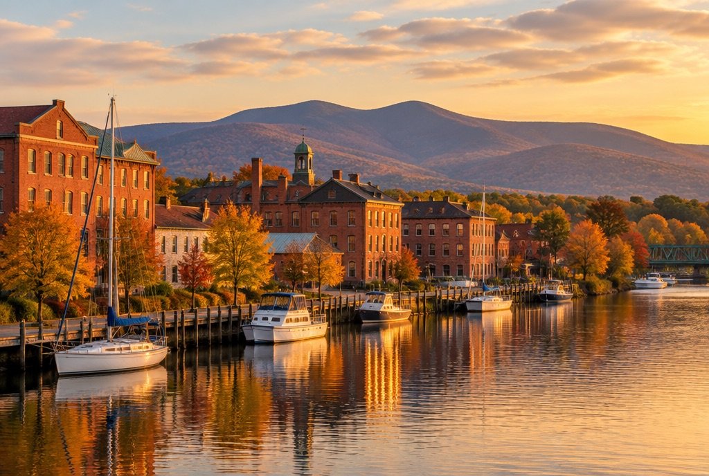 Autumn evening on a Hudson Valley riverfront with the Catskills behind